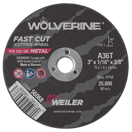 Weiler Abrasive Cut-Off Wheel, Type 1, 3 in Dia, 0.0625 in Thick, 3/8 in Arbor Hole Size, Aluminum Oxide 56068