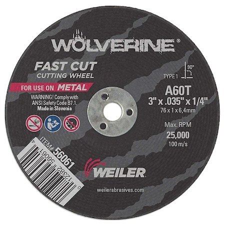 Weiler Abrasive Cut-Off Wheel, Type 1, 3 in Dia, 0.035 in Thick, 1/4 in Arbor Hole Size, Aluminum Oxide 56061