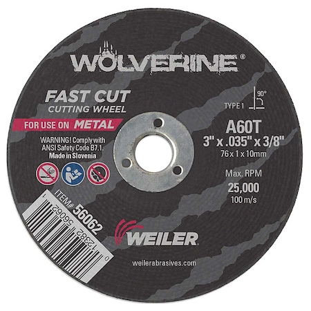 Weiler Abrasive Cut-Off Wheel, Type 1, 3 in Dia, 0.035 in Thick, 3/8 in Arbor Hole Size, Aluminum Oxide 56062
