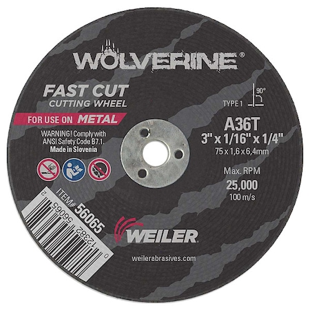 Weiler Abrasive Cut-Off Wheel, Type 1, 3 in Dia, 0.0625 in Thick, 1/4 in Arbor Hole Size, Aluminum Oxide 56065
