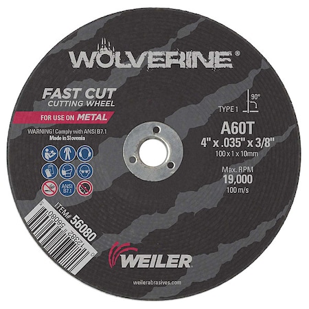 Weiler Abrasive Cut-Off Wheel, Type 1, 4 in Dia, 0.035 in Thick, 3/8 in Arbor Hole Size, Aluminum Oxide 56080