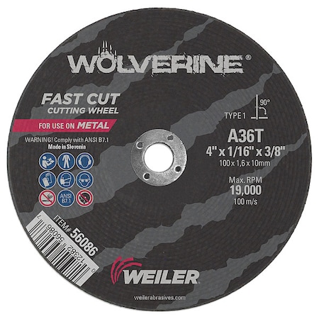 Weiler Abrasive Cut-Off Wheel, Type 1, 4 in Dia, 0.0625 in Thick, 3/8 in Arbor Hole Size, Aluminum Oxide 56086