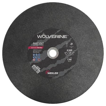 Weiler Abrasive Cut-Off Wheel, Type 1, 14 in Dia, 0.125 in Thick, 1 in Arbor Hole Size, Aluminum Oxide 56230
