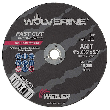 Weiler Abrasive Cut-Off Wheel, Type 1, 4 in Dia, 0.035 in Thick, 5/8 in Arbor Hole Size, Aluminum Oxide 56271