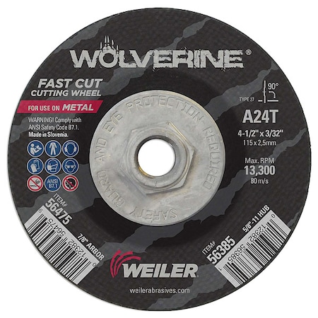Weiler Cutting Wheel, Type 27, 4 1/2 in Dia, 0.0938 in Thick, 5/8 in-11 UNC Nut Arbor Hole Size, 24 Grit 56385