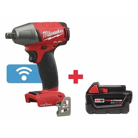 Milwaukee Tool M18 FUEL with ONE-KEY 1/2" Compact Impact Wrench w/ Pin Detent + M18 XC 4.0 Battery Pack 2759-20, 48-11-1840