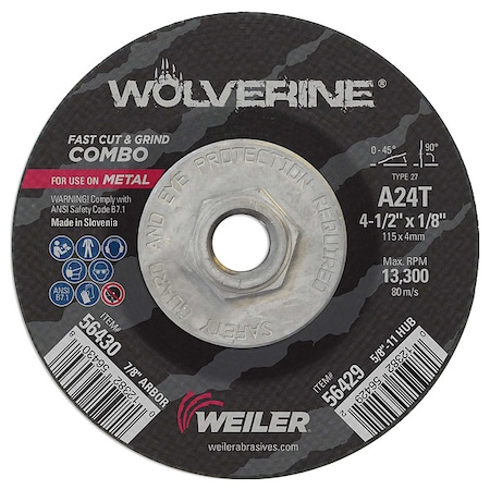 Weiler Cutting Wheel, Type 27, 4 1/2 in Dia, 0.125 in Thick, 5/8 in-11 UNC Nut Arbor Hole Size, 24 Grit 56429