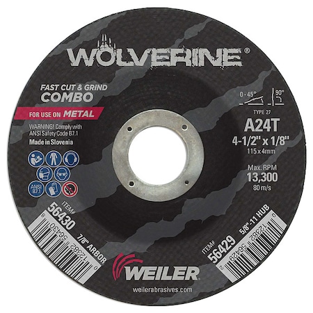 Weiler Cutting Wheel, Type 27, 4 1/2 in Dia, 0.125 in Thick, 7/8 in Arbor Hole Size, Aluminum Oxide 56430