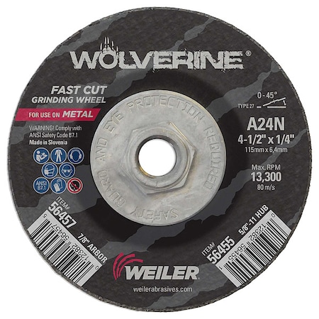 Weiler Grinding Wheel, Type 27, 4 1/2 in Dia, 0.25 in Thick, 5/8 in-11 UNC Nut Arbor Hole Size, 24 Grit 56455