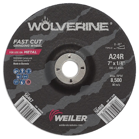 Weiler Grinding Wheel, Type 27, 7 in Dia, 0.25 in Thick, 7/8 in Arbor Hole Size, Aluminum Oxide, 24 Grit 56467
