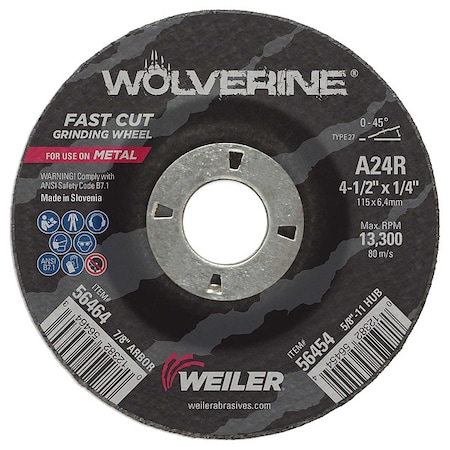 Weiler Grinding Wheel, Type 27, 4 1/2 in Dia, 0.25 in Thick, 7/8 in Arbor Hole Size, Aluminum Oxide 56464