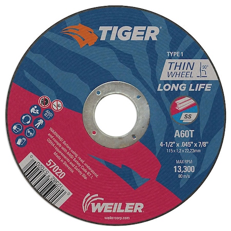 Tiger Abrasive Cut-Off Wheel, Type 1, 4 1/2 in Dia, 0.045 in Thick, Aluminum Oxide, 60 Grit 57020