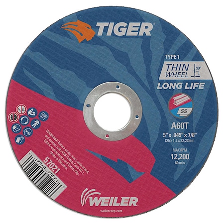 Tiger Abrasive Cut-Off Wheel, Type 1, 5 in Dia, 0.045 in Thick, Aluminum Oxide, 60 Grit 57021