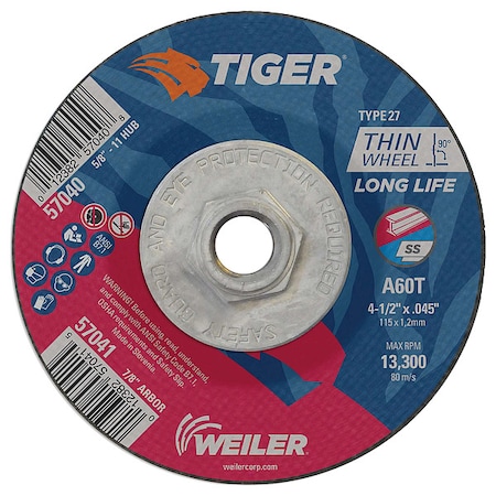 Tiger Cutting Wheel, Type 27, 4 1/2 in Dia, 0.045 in Thick, 5/8 in-11 UNC Nut Arbor Hole Size, 60 Grit 57040