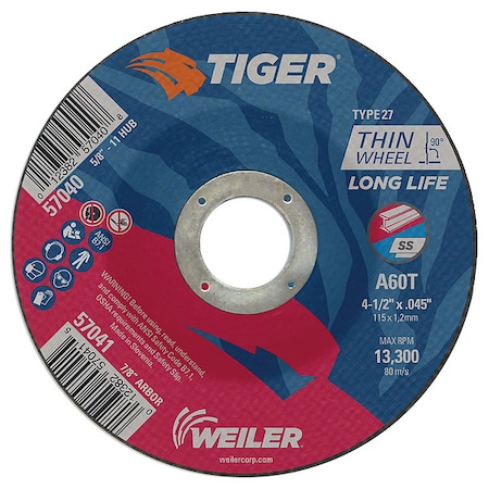 Tiger Cutting Wheel, Type 27, 4 1/2 in Dia, 0.045 in Thick, 7/8 in Arbor Hole Size, Aluminum Oxide 57041