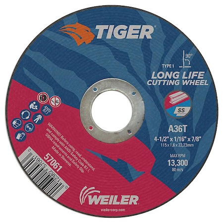 Tiger Abrasive Cut-Off Wheel, Type 1, 4 1/2 in Dia, 0.0625 in Thick, Aluminum Oxide, 60 Grit 57061