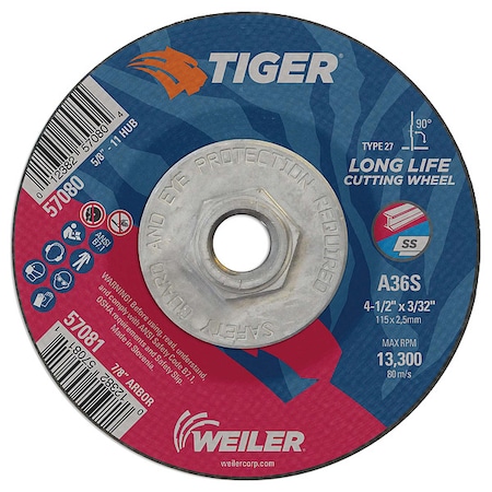 Tiger Cutting Wheel, Type 27, 4 1/2 in Dia, 0.0938 in Thick, 5/8 in-11 UNC Nut Arbor Hole Size, 60 Grit 57080