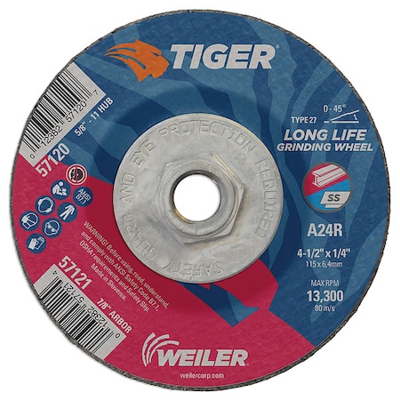 Tiger Grinding Wheel, Type 27, 4 1/2 in Dia, 0.25 in Thick, 5/8 in-11 UNC Nut Arbor Hole Size, 24 Grit 57120