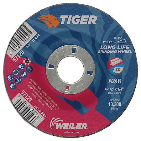 Tiger Grinding Wheel, Type 27, 4 1/2 in Dia, 0.25 in Thick, 7/8 in Arbor Hole Size, Aluminum Oxide 57121