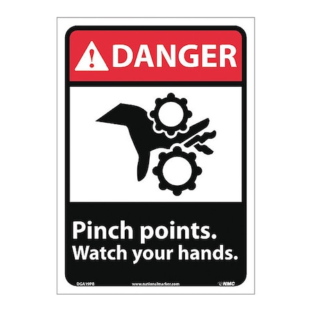 Nmc Danger Pinch Points Watch Your Hand Sign, 14 in Height, 10 in Width, Pressure Sensitive Vinyl DGA19PB
