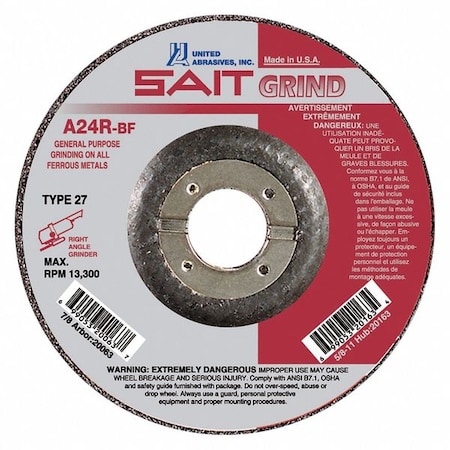 United Abrasives/Sait Grinding Wheel, T-27, 6x1/4x7/8, A24R, PK25, 27, 6" Dia, 1/4" Thick, 7/8" Arbor Hole Size 20079