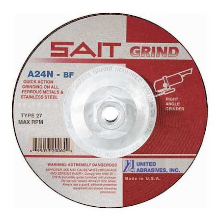 United Abrasives/Sait Depressed Center Grinding Wheel, Type 27, 4 1/2 in Dia, 0.25 in Thick, 5/8"-11 Arbor Hole Size 20160