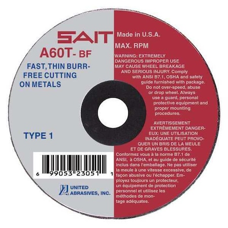 United Abrasives/Sait Abrasive Cut-Off Wheel, Type 1, 3 in Dia, 0.0625 in Thick, 1/4 in Arbor Hole Size, Aluminum Oxide 23043