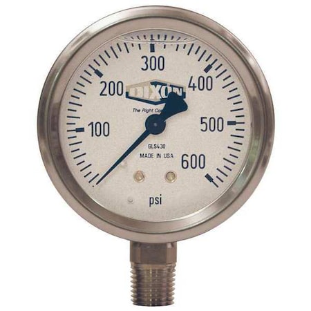 Dixon Liquid Fill SS Gauge Lower Mnt, 0-60psi, 1/4 in NPT Lower Location, Stainless Steel Case Material GLS410