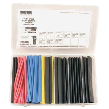 Master Appliance Heat Shrink Tube, Thin Wall, 2:1 I.D. Shrink Ratio, Black, Blue, Red, Yellow, 6 in 10062