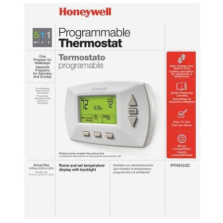 Honeywell 5-1-1 Day Programmable Thermostat, 1 H 1 C, Wall Mount, Hardwired/Battery, 24V or 750mV RTH6450D1009/E1