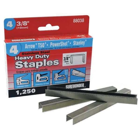 Surebonder Heavy Duty Staples, Narrow Crown, 3/8 in Leg L, Stainless Steel, 1250 PK 88038