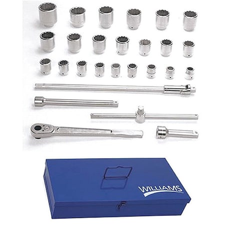 Williams Socket Tool Set, 1" D, 12Pt, 27pcs., SAE, JHWWSX-28TB WSX-28TB