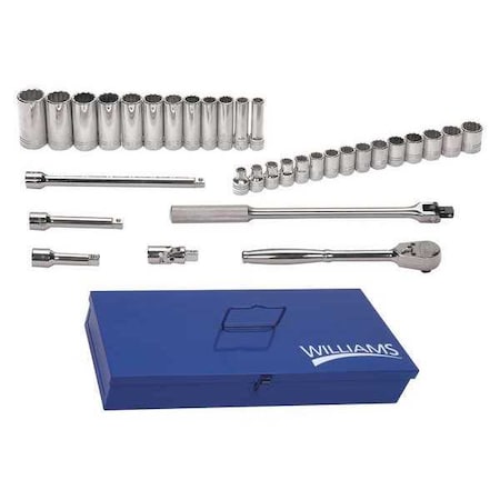 Williams Socket and Tool Set, 1/2" D, 12Pt, 33pcs., JHWMSS-33F MSS-33F