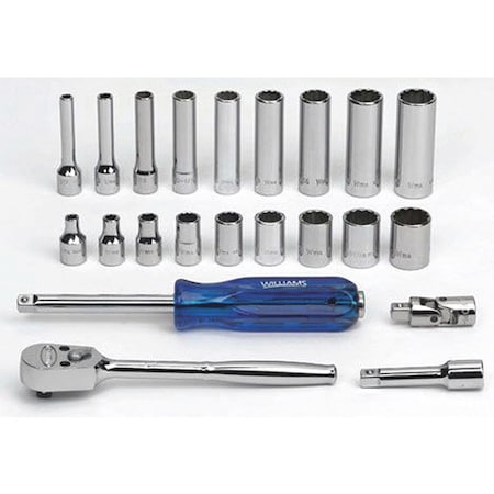Williams Socket Set, 1/4" D, 12Pt, 22pcs., w/Box, JHWWSM-22FTB WSM-22FTB