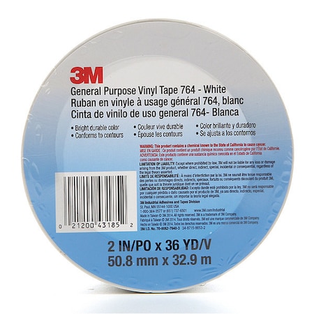 3M Vinyl Tape, 2" x 36 yd., White 764