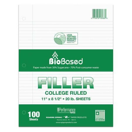 Roaring Spring Case of Biobase Filler Paper, 8.5"x11", 100 Sheets Per Pack, 3-Hole Punched, College Ruled W/ Margin 13986cs