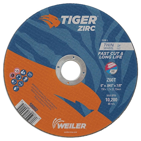Weiler Abrasive Cut-Off Wheel, Type 1, 6 in Dia, 0.045 in Thick, Zirconia Alumina, 60 Grit 58002