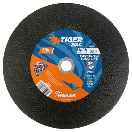Weiler Abrasive Cut-Off Wheel, Type 1, 14 in Dia, 0.125 in Thick, 1 in Arbor Hole Size, Zirconia Alumina 58028