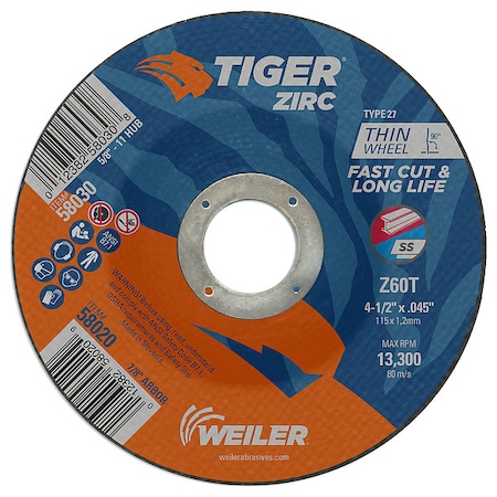 Weiler Cutting Wheel, Type 27, 4 1/2 in Dia, 0.045 in Thick, 7/8 in Arbor Hole Size, Zirconia Alumina 58020