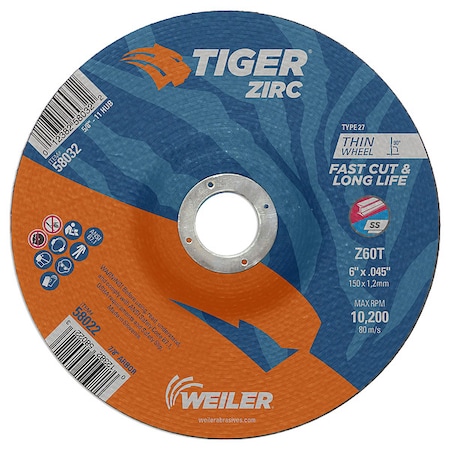 Weiler Cutting Wheel, Type 27, 6 in Dia, 0.045 in Thick, 7/8 in Arbor Hole Size, Zirconia Alumina, 60 Grit 58022