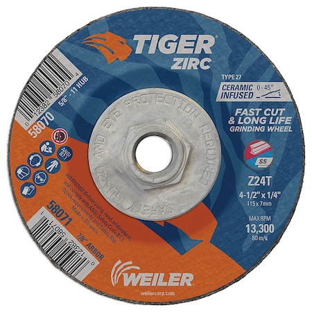 Weiler Grinding Wheel, Type 27, 4 1/2 in Dia, 0.25 in Thick, 5/8 in-11 UNC Nut Arbor Hole Size, 24 Grit 58070