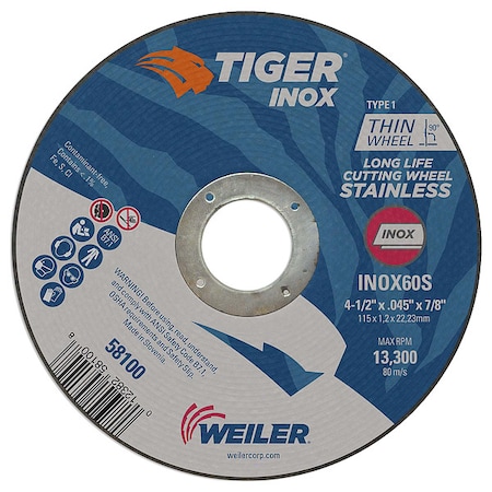 Tiger Inox Abrasive Cut-Off Wheel, Type 1, 4 1/2 in Dia, 0.045 in Thick, 60 Grit 58100