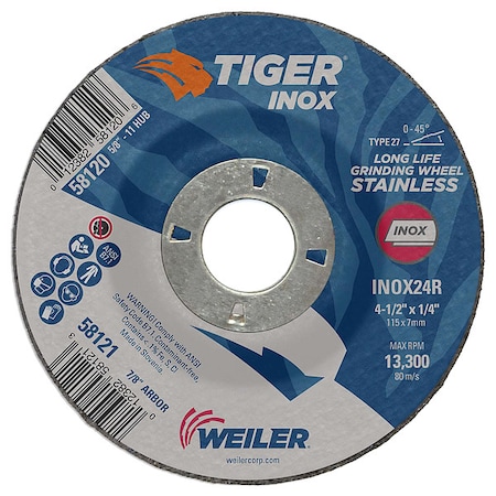 Tiger Inox Grinding Wheel, Type 27, 4 1/2 in Dia, 0.25 in Thick, 7/8 in Arbor Hole Size, Aluminum Oxide 58121