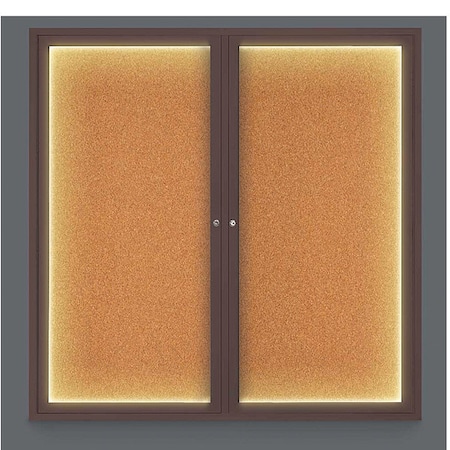 United Visual Products Corkboard, Lighted, Cork, 2 Door, 48 x 48" UV305ILED5-BRONZE-CORK