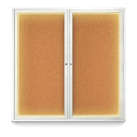 United Visual Products Corkboard, Lighted, Cork, 2 Door, 48 x 48" UV305ILED5-SATIN-CORK