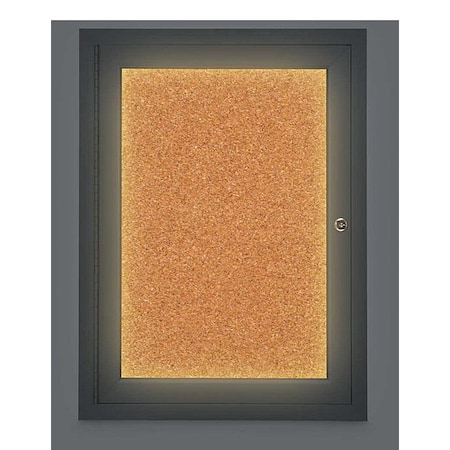 United Visual Products Corkboard, Lighted, Blk, Cork, 1 Door, 18x24" UV314ILED-BLACK-CORK