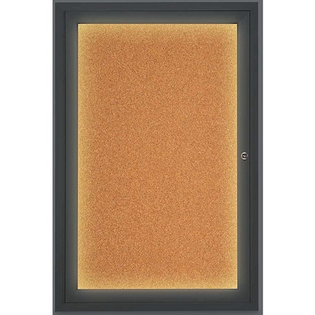 United Visual Products Corkboard, Lighted, Blk, Cork, 1 Door, 24x36" UV315ILED-BLACK-CORK