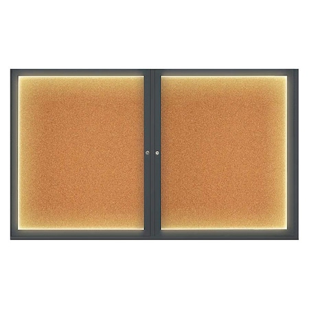 United Visual Products Corkboard, Lighted, Blk, Cork, 2 Door, 60x36" UV317ILED-BLACK-CORK