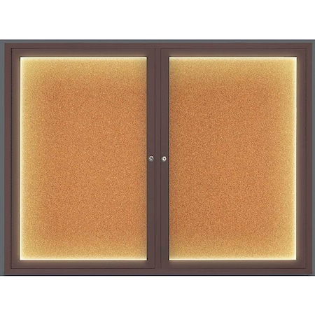 United Visual Products Corkboard, Lighted, Cork, 2 Door, 42 x 32" UV316ILED-BRONZE-CORK