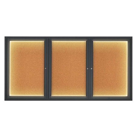 United Visual Products Corkboard, Lighted, Blk, Cork, 3 Door, 72x36" UV318ILED-BLACK-CORK